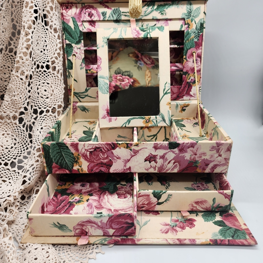 Jewelry Box European Cottage Chic Vintage Jewelry Armoire Pink Rose Botanical